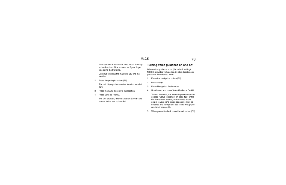 Turning voice guidance on and off, N.i.c.e | Clarion Navigation In-Car Entertainment User Manual | Page 73 / 147
