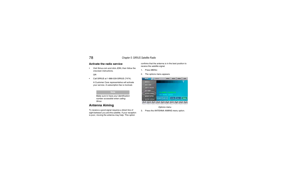 Activate the service, Antenna aiming, Chapter 5: sirius satellite radio | Activate the radio service | Clarion Navigation In-Car Entertainment User Manual | Page 78 / 147