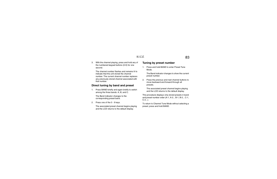 N.i.c.e, Direct tuning by band and preset, Tuning by preset number | Clarion Navigation In-Car Entertainment User Manual | Page 83 / 147