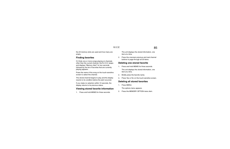 N.i.c.e, Finding favorites, Viewing stored favorite information | Deleting one stored favorite, Deleting all stored favorites | Clarion Navigation In-Car Entertainment User Manual | Page 85 / 147