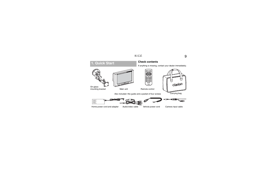 Supplied accessories, Quick start, N.i.c.e | Check contents | Clarion Navigation In-Car Entertainment User Manual | Page 9 / 147