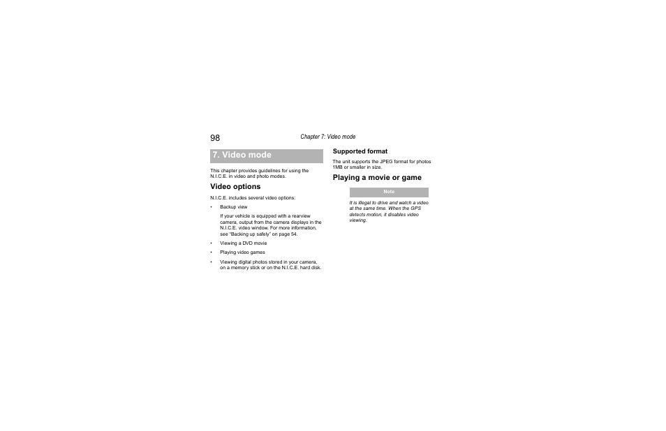 Video mode, Video options, Playing a movie or game | Clarion Navigation In-Car Entertainment User Manual | Page 98 / 147