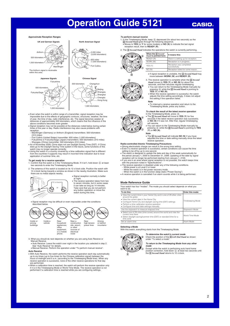 Mode reference guide, Operation guide 5121 | G-Shock GW-3000 User Manual | Page 2 / 6