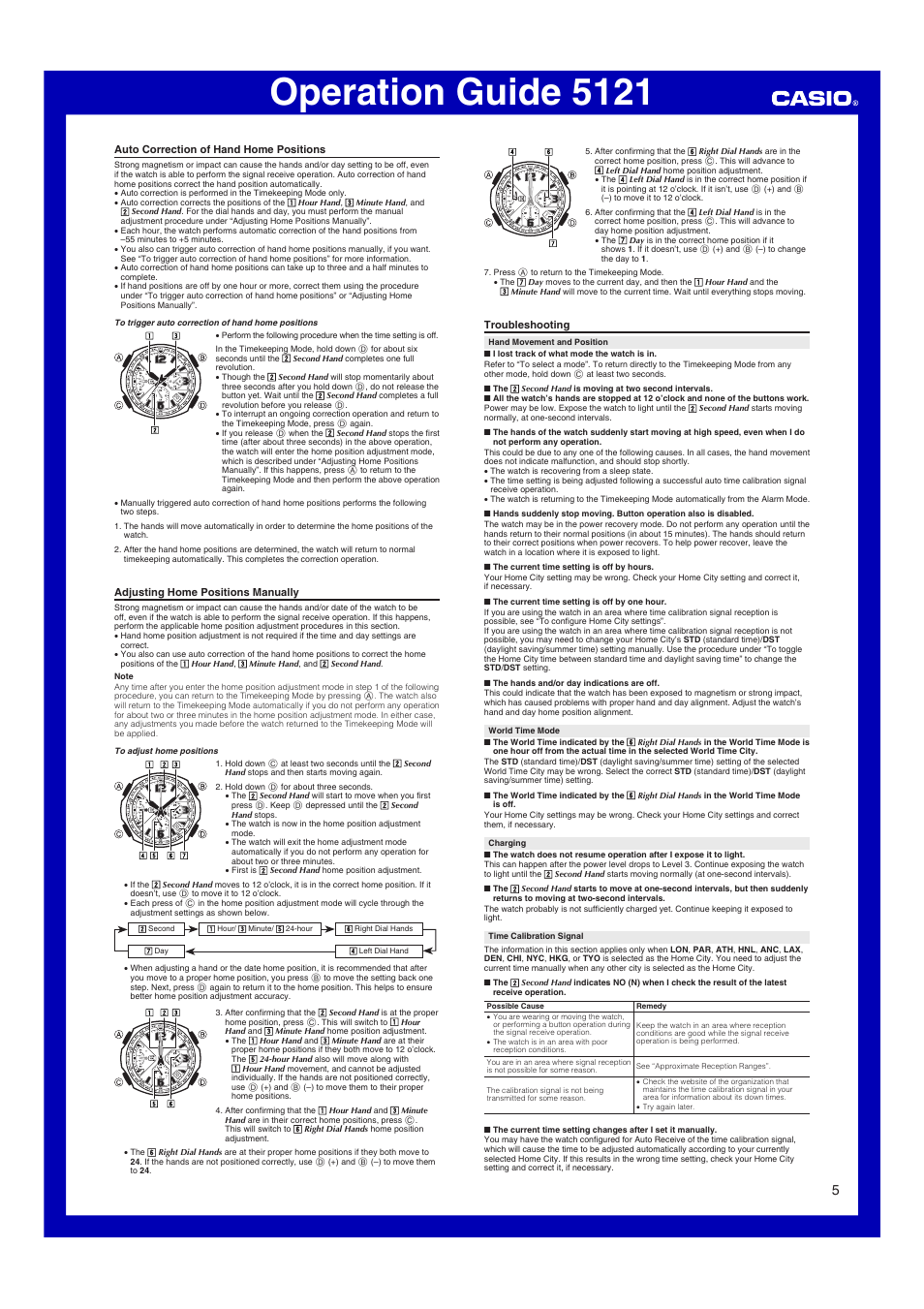 Auto correction of hand home positions, Adjusting home positions manually, Troubleshooting | Operation guide 5121 | G-Shock GW-3000 User Manual | Page 5 / 6