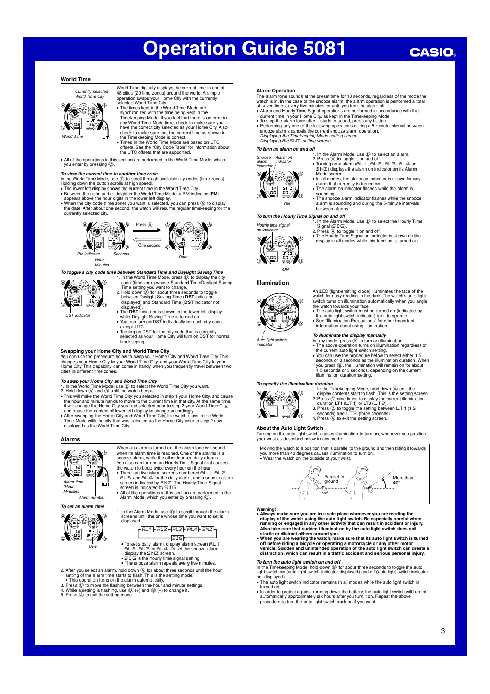 World time, Alarms, Illumination | Operation guide 5081 | G-Shock GA-100 User Manual | Page 3 / 4