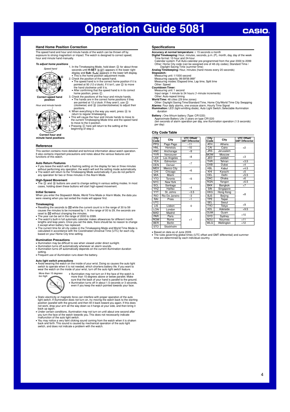 Hand home position correction, Reference, Specifications | City code table, Operation guide 5081 | G-Shock GA-100 User Manual | Page 4 / 4