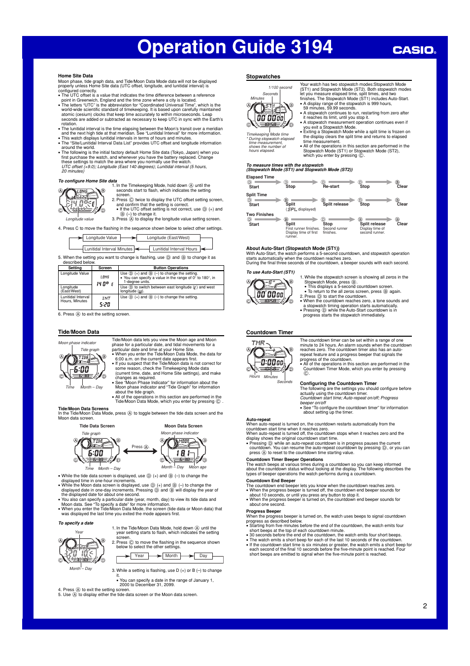 Tide/moon data, Stopwatches, Countdown timer | Operation guide 3194 | G-Shock GLX-6900 User Manual | Page 2 / 5