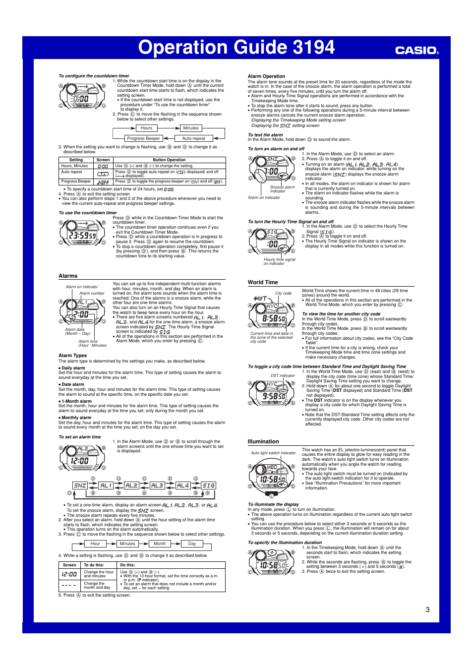 Alarms, World time, Illumination | Operation guide 3194 | G-Shock GLX-6900 User Manual | Page 3 / 5