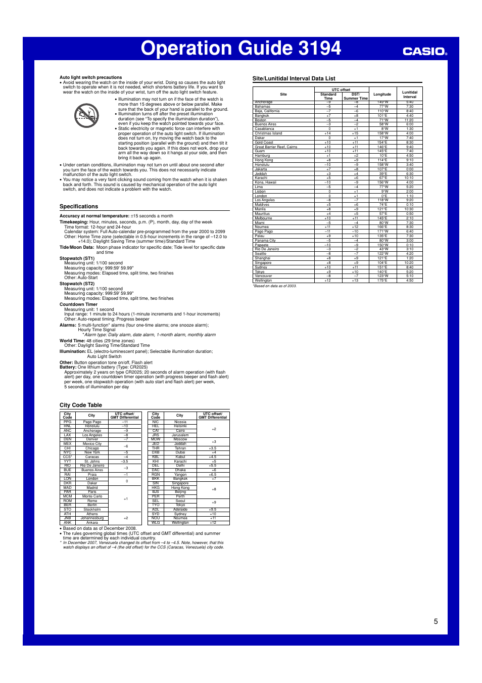 Specifications, City code table, Site/lunitidal interval data list | Operation guide 3194, City code table site/lunitidal interval data list | G-Shock GLX-6900 User Manual | Page 5 / 5