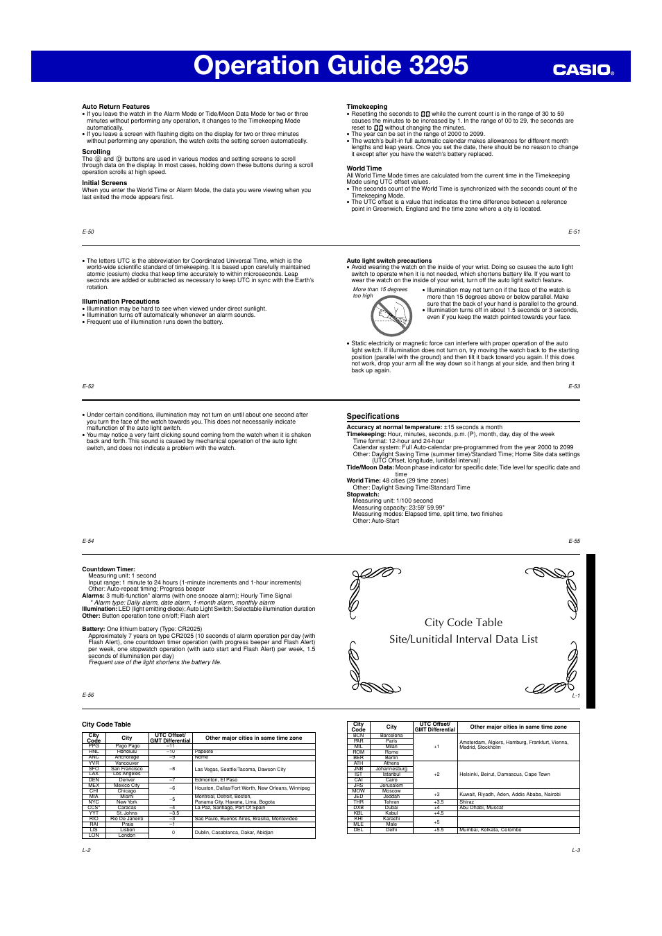 Operation guide 3295, City code table site/lunitidal interval data list | G-Shock GLX-150 User Manual | Page 6 / 7