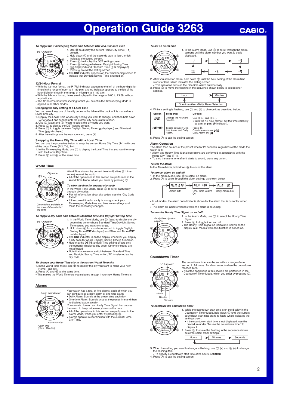 World time, Alarms, Countdown timer | Operation guide 3263 | G-Shock GD-100 User Manual | Page 2 / 4