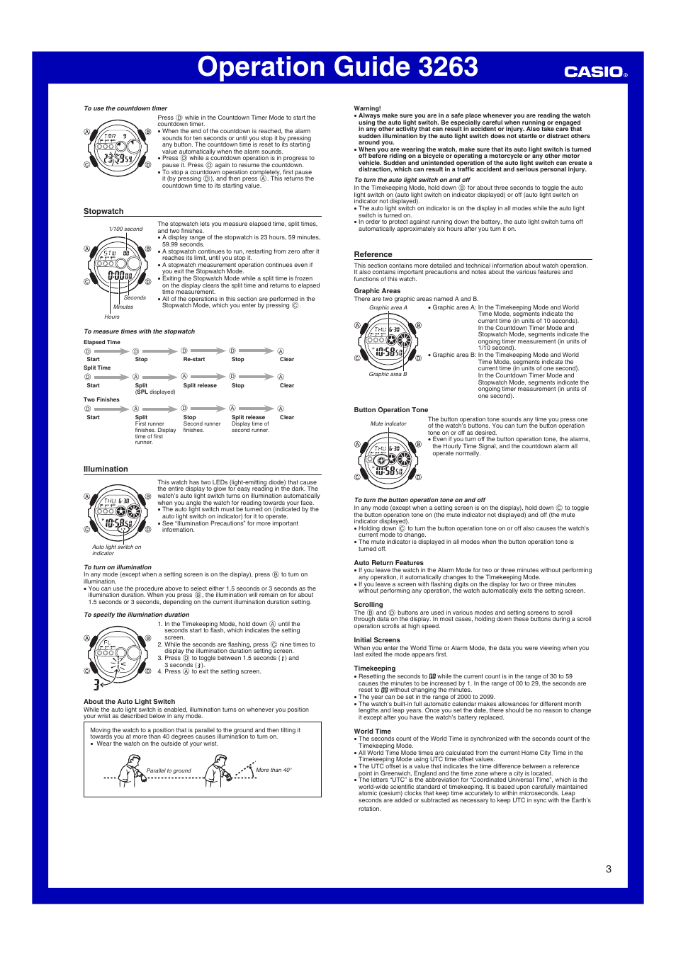 Stopwatch, Illumination, Reference | Operation guide 3263 | G-Shock GD-100 User Manual | Page 3 / 4