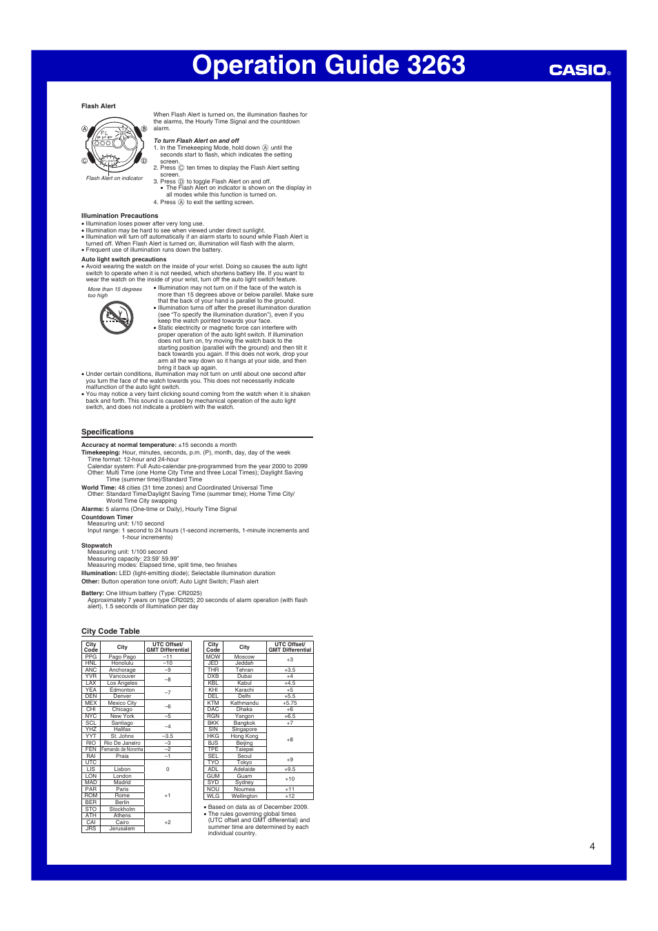 Specifications, City code table, Operation guide 3263 | G-Shock GD-100 User Manual | Page 4 / 4