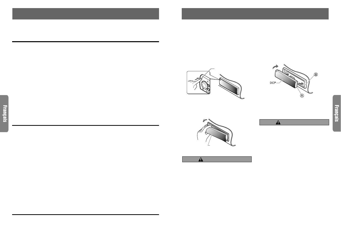 Nomenclature des touches, Clavier de commande amovible (dcp), Nom des touches | Ecran lcd, Rubriques d’affichage (mode de fonctionnement), Précaution | Clarion ] DXZ715 User Manual | Page 21 / 53