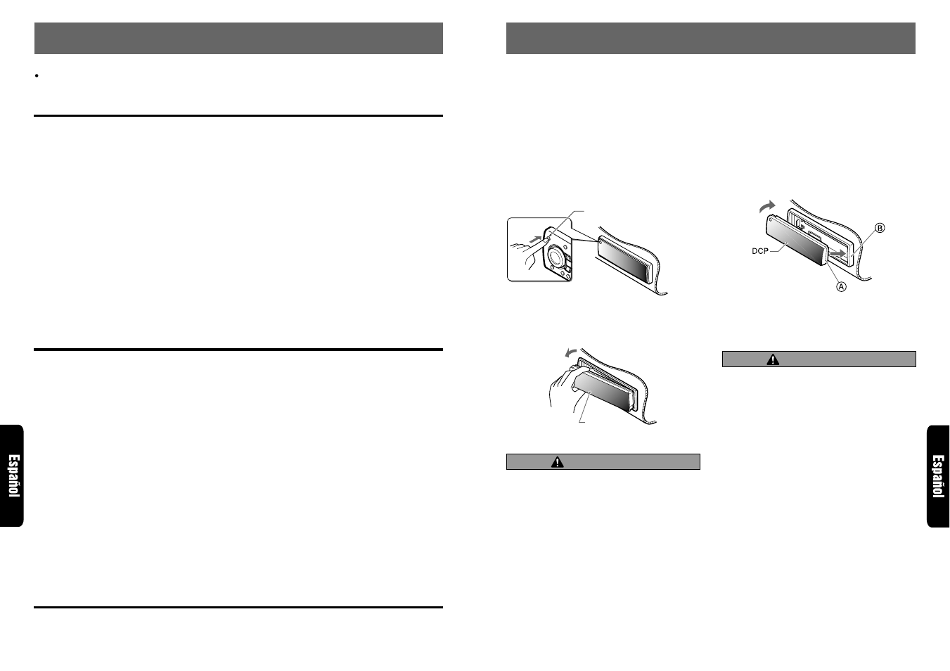 Nomenclatura, Panel de control desmontable (dcp), Nombres de los botones | Pantalla de cristal líquido, Ítemes de visualización (modo de función), Precaución | Clarion ] DXZ715 User Manual | Page 39 / 53