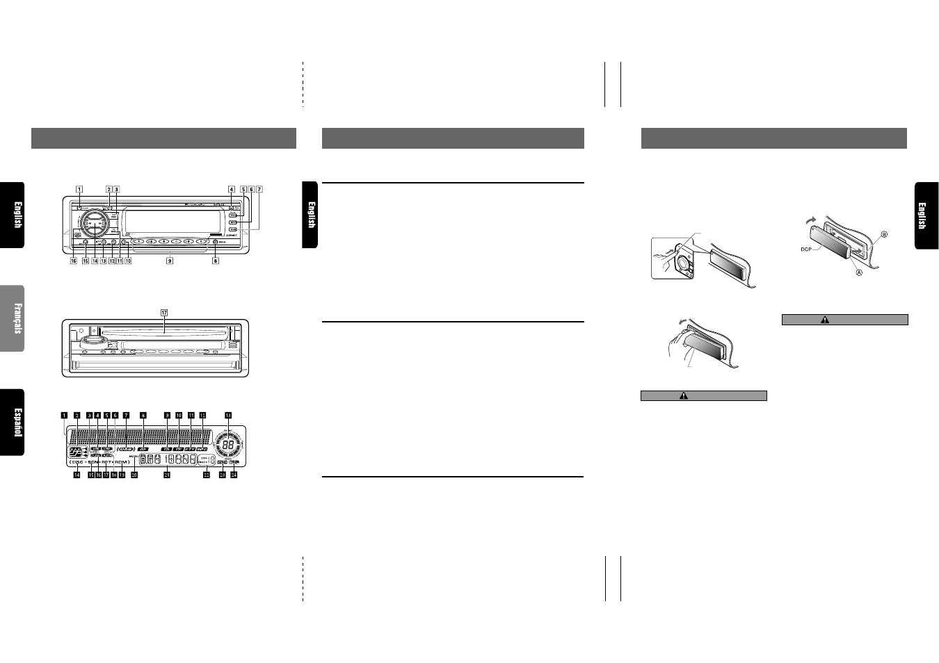 Nomenclature, Controls / les commandes / controles, Names of buttons | Display items, Lcd screen | Clarion ] DXZ715 User Manual | Page 4 / 53
