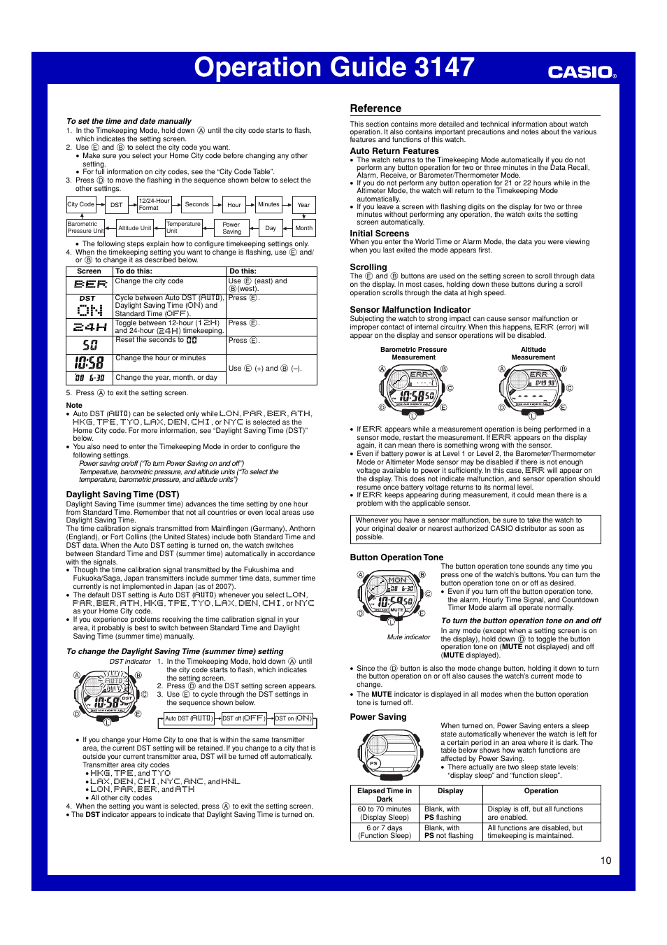 Reference, Operation guide 3147 | G-Shock GW-9200 User Manual | Page 10 / 12