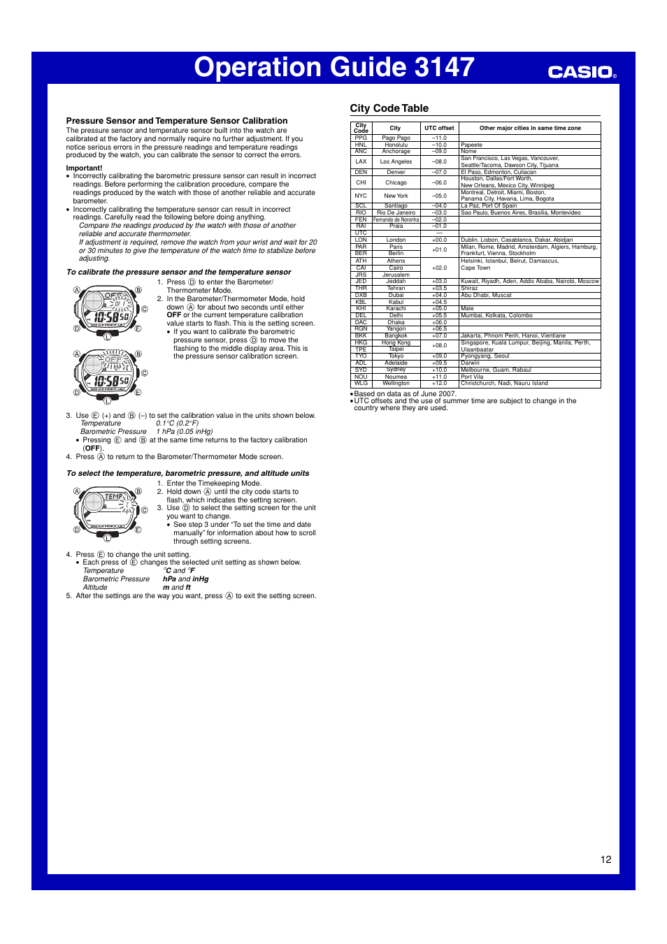 City code table, Operation guide 3147 | G-Shock GW-9200 User Manual | Page 12 / 12