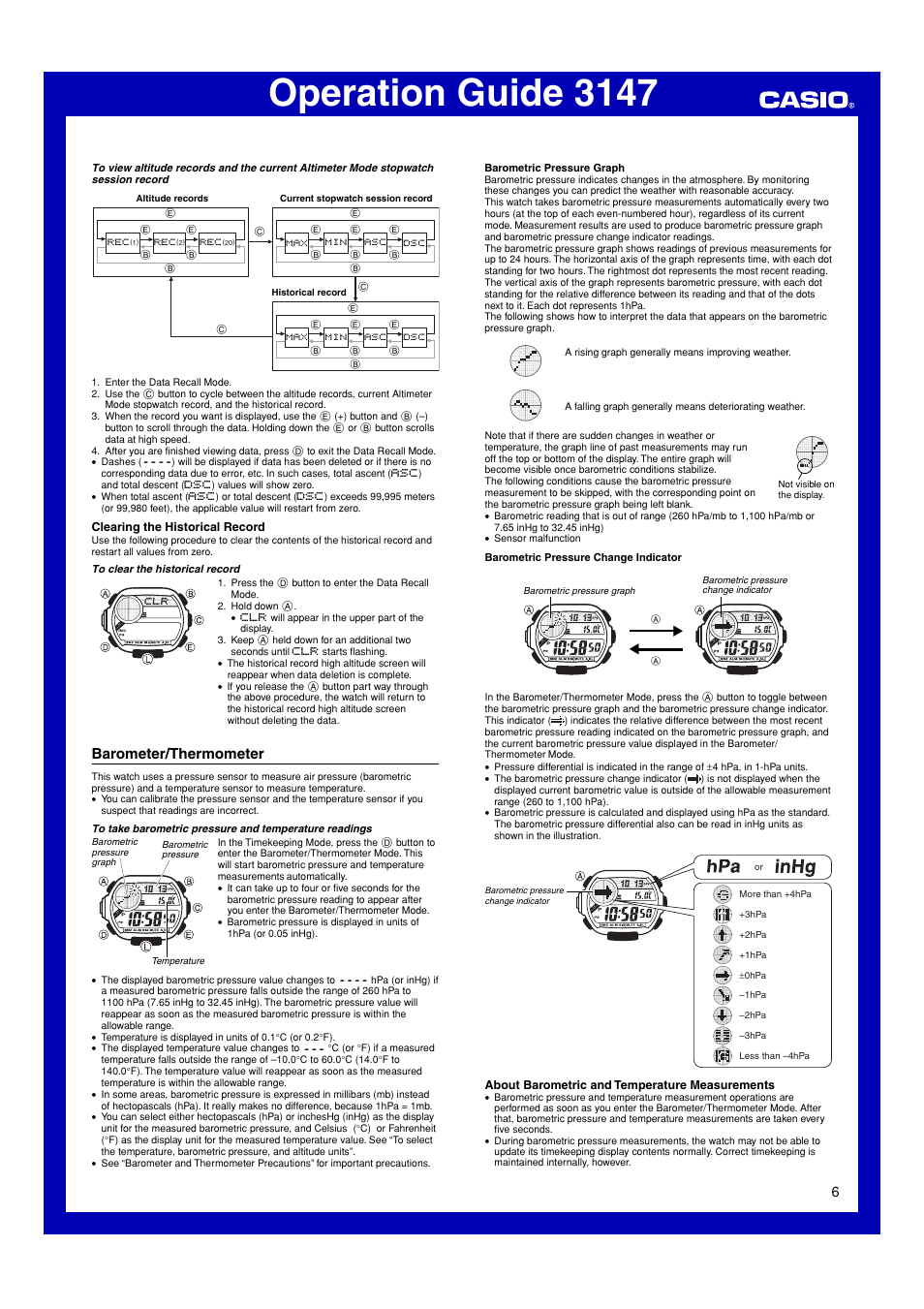 Barometer/thermometer, Operation guide 3147 | G-Shock GW-9200 User Manual | Page 6 / 12