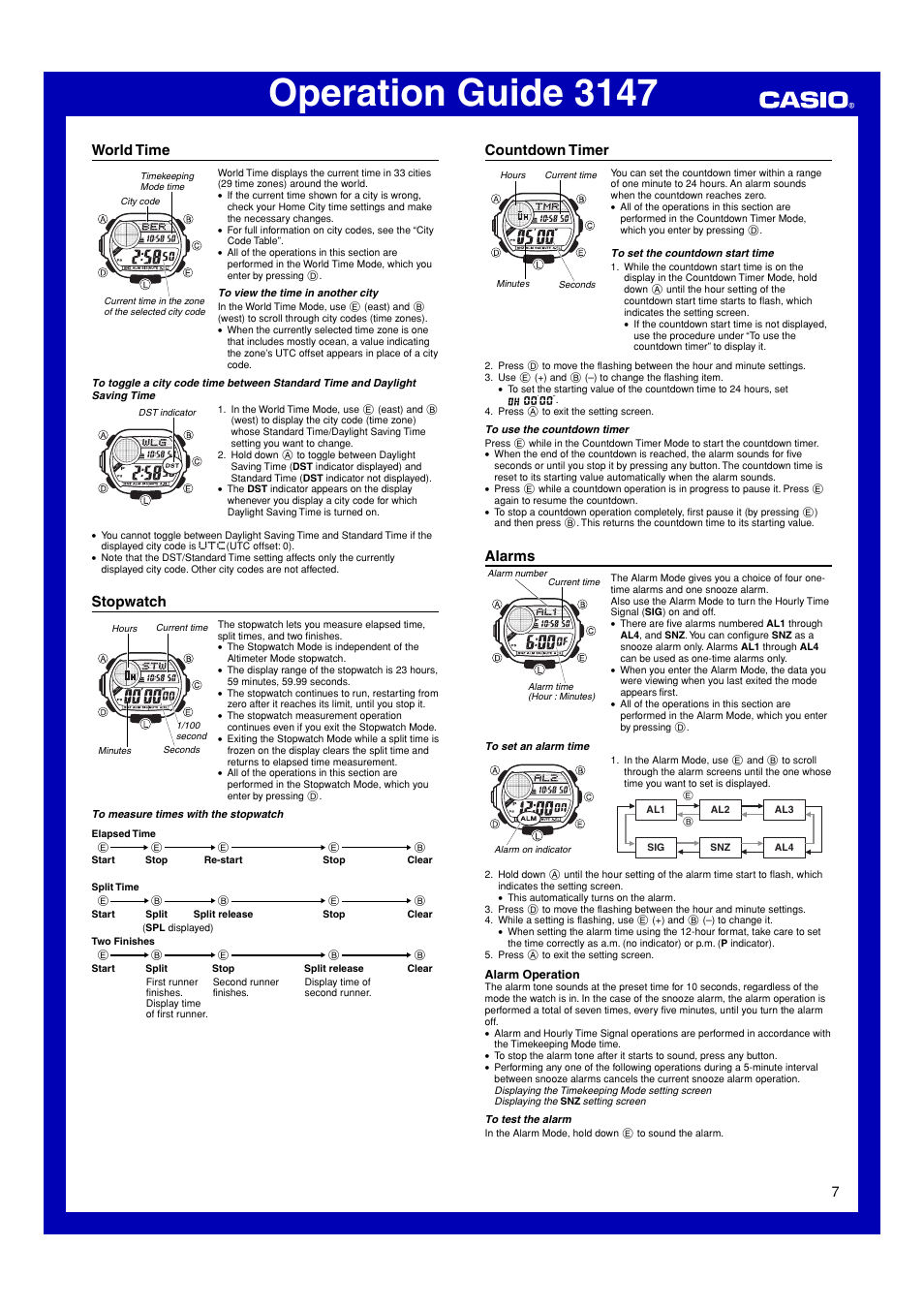 World time, Stopwatch, Countdown timer | Alarms, Operation guide 3147 | G-Shock GW-9200 User Manual | Page 7 / 12