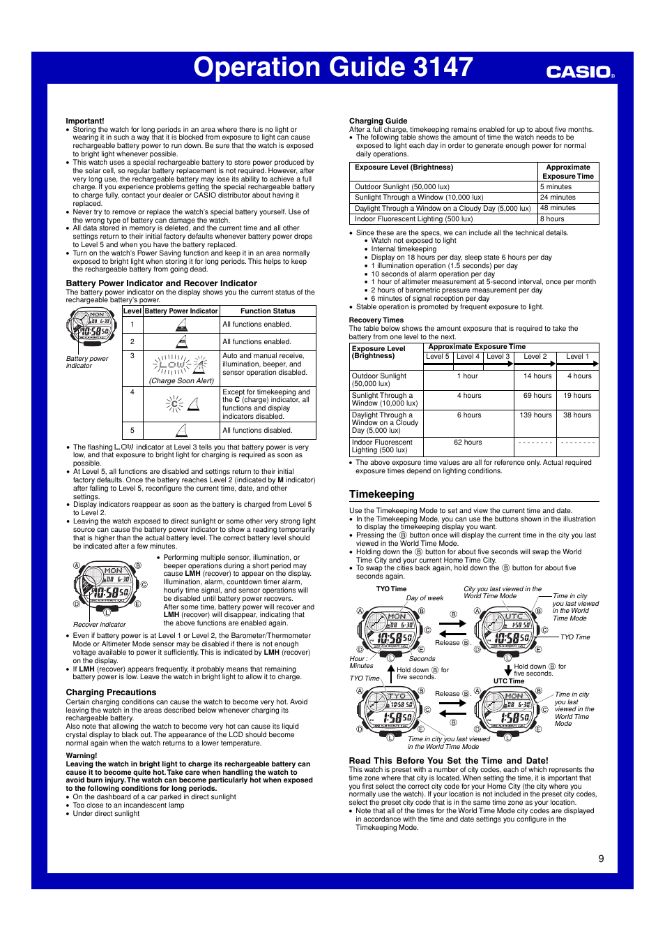 Timekeeping, Operation guide 3147 | G-Shock GW-9200 User Manual | Page 9 / 12