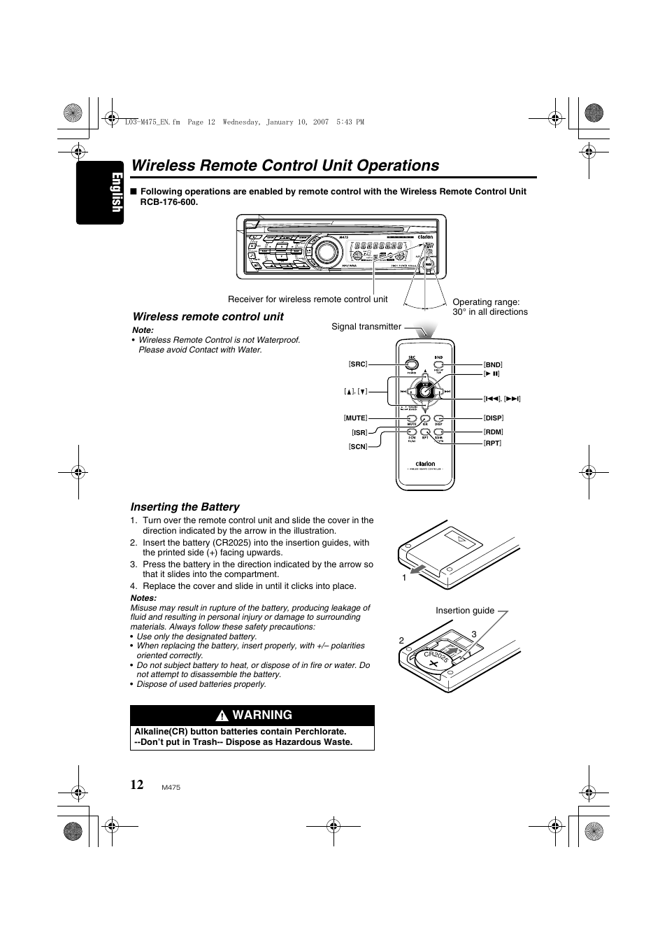 Wireless remote control unit operations, English, Warning | Clarion Automobile Accessories User Manual | Page 10 / 36