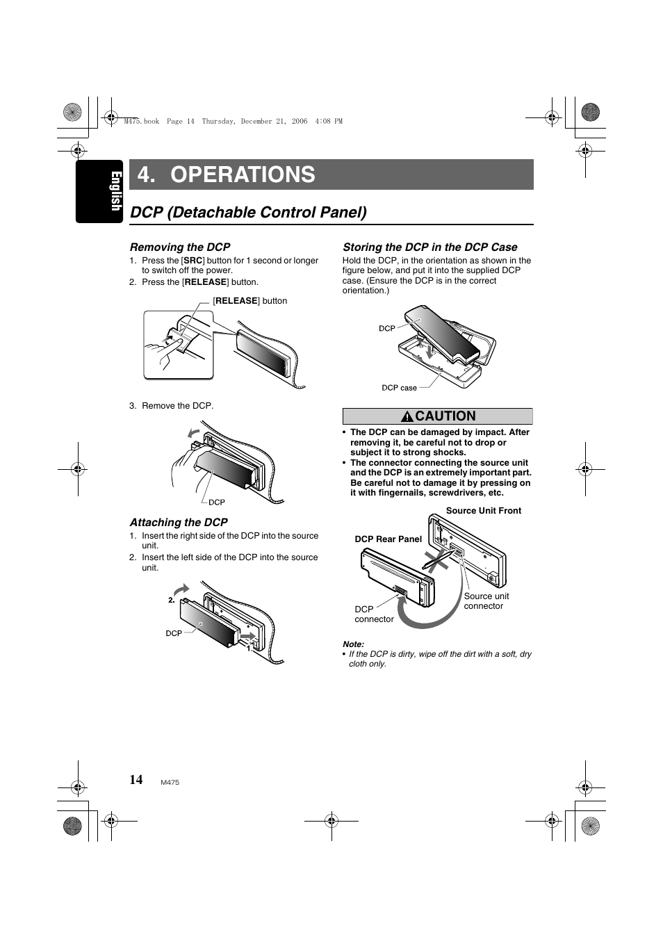 Operations, Dcp (detachable control panel), English | Caution | Clarion Automobile Accessories User Manual | Page 12 / 36