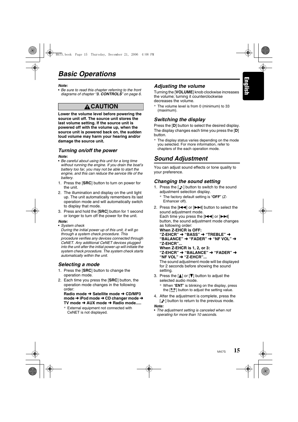 Basic operations, English, Caution | Sound adjustment | Clarion Automobile Accessories User Manual | Page 13 / 36