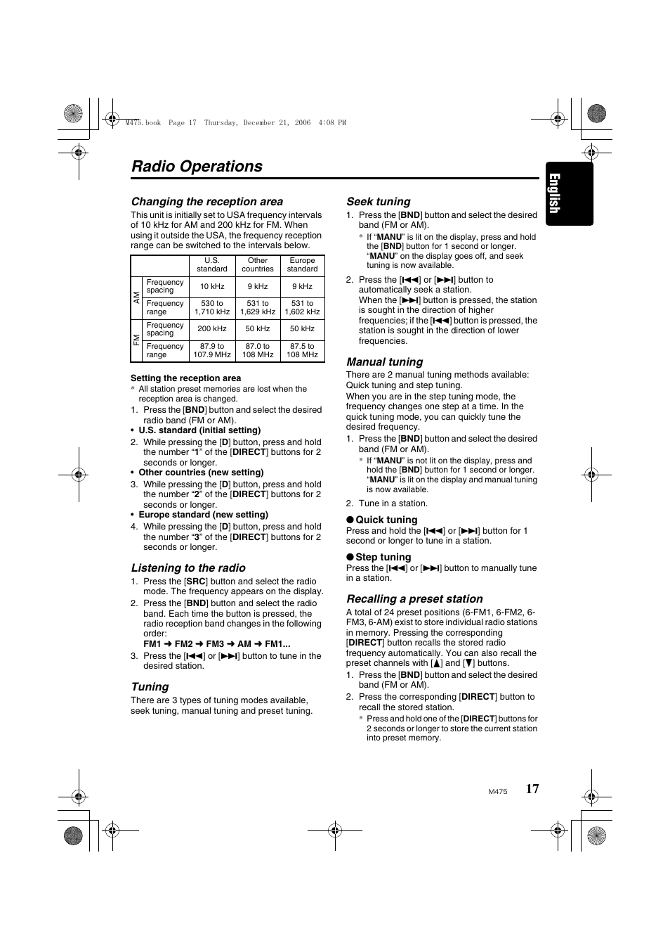 Radio operations, English | Clarion Automobile Accessories User Manual | Page 15 / 36