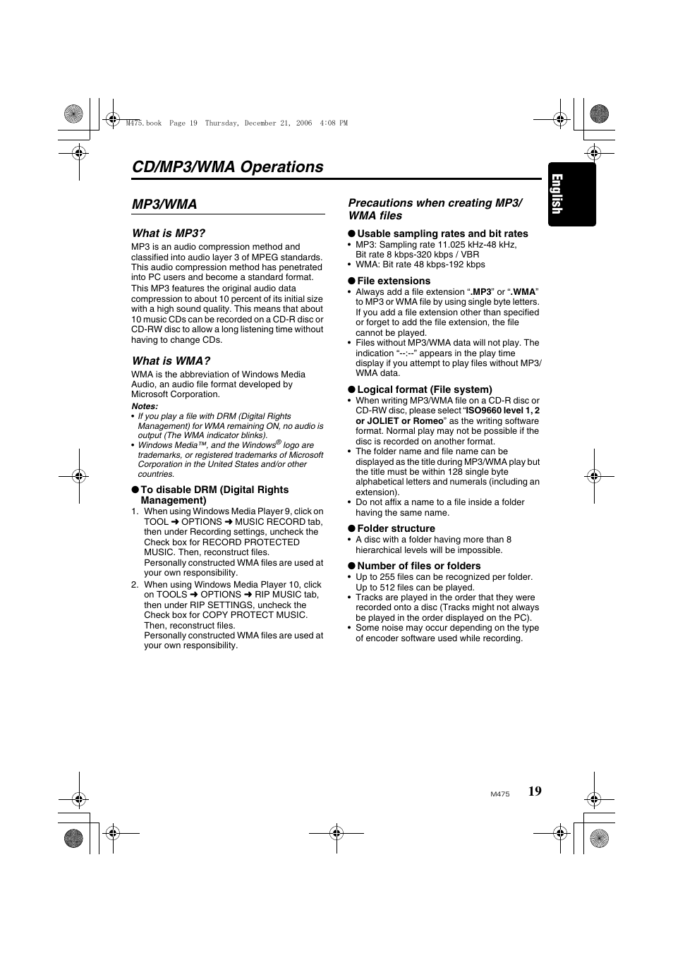 Cd/mp3/wma operations, English, Mp3/wma | Clarion Automobile Accessories User Manual | Page 17 / 36