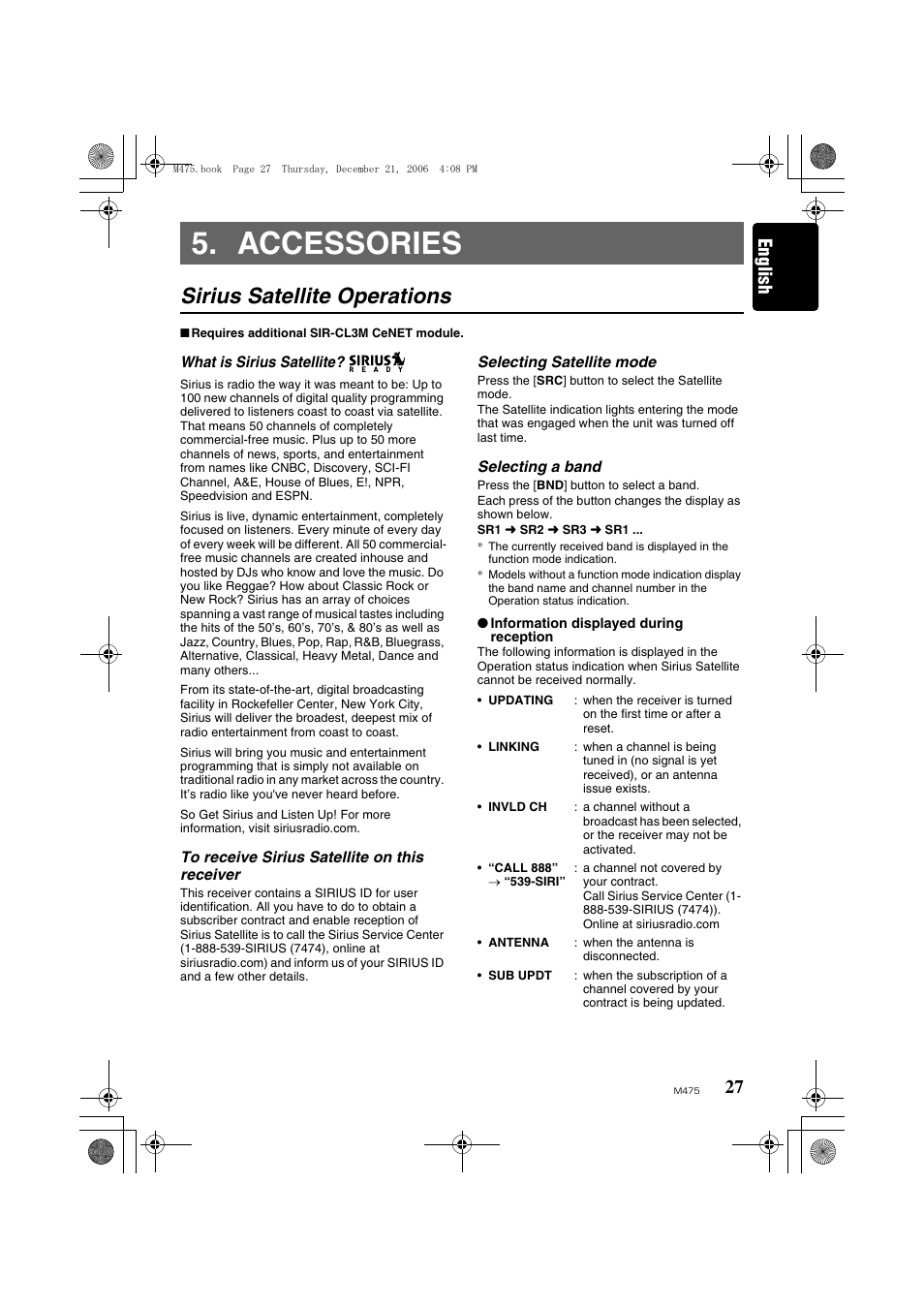 Accessories, Sirius satellite operations, Sirius satellite | Operations, English | Clarion Automobile Accessories User Manual | Page 25 / 36