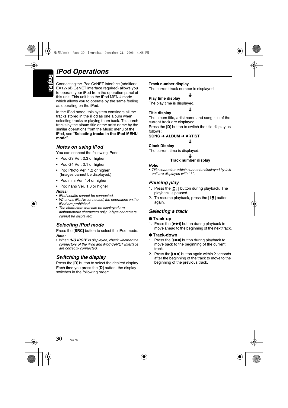 Ipod operations, English | Clarion Automobile Accessories User Manual | Page 28 / 36