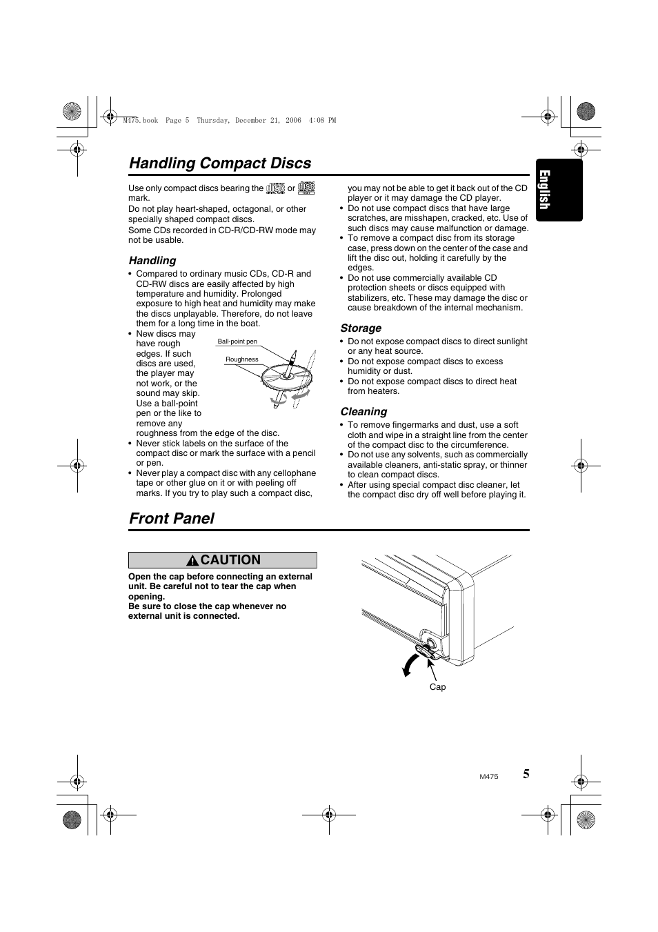 Handling compact discs front panel, Handling compact discs, Front panel | English, Caution | Clarion Automobile Accessories User Manual | Page 3 / 36
