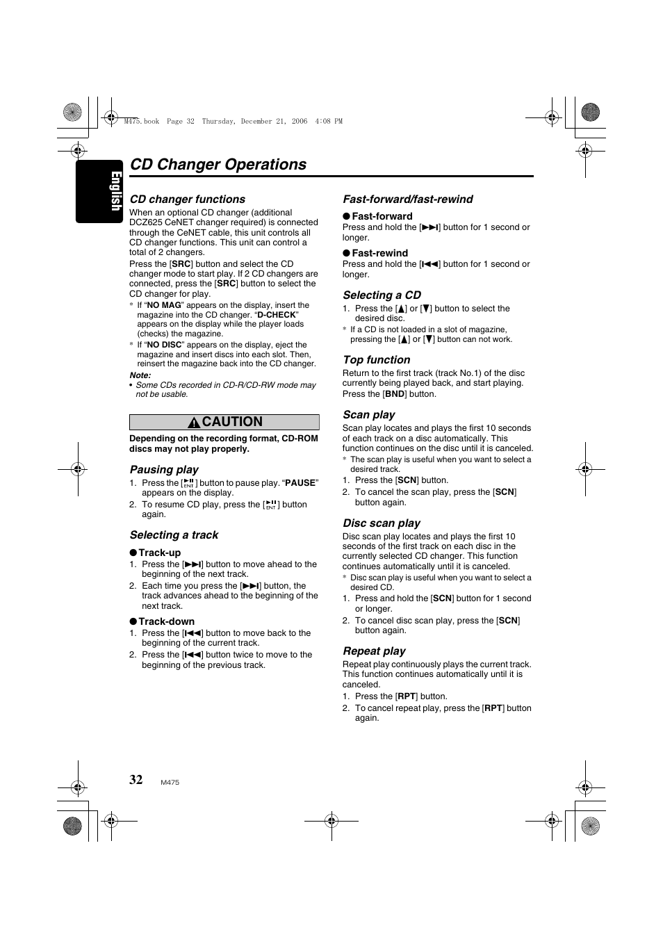 Cd changer operations, Cd changer, Operations | English, Caution | Clarion Automobile Accessories User Manual | Page 30 / 36