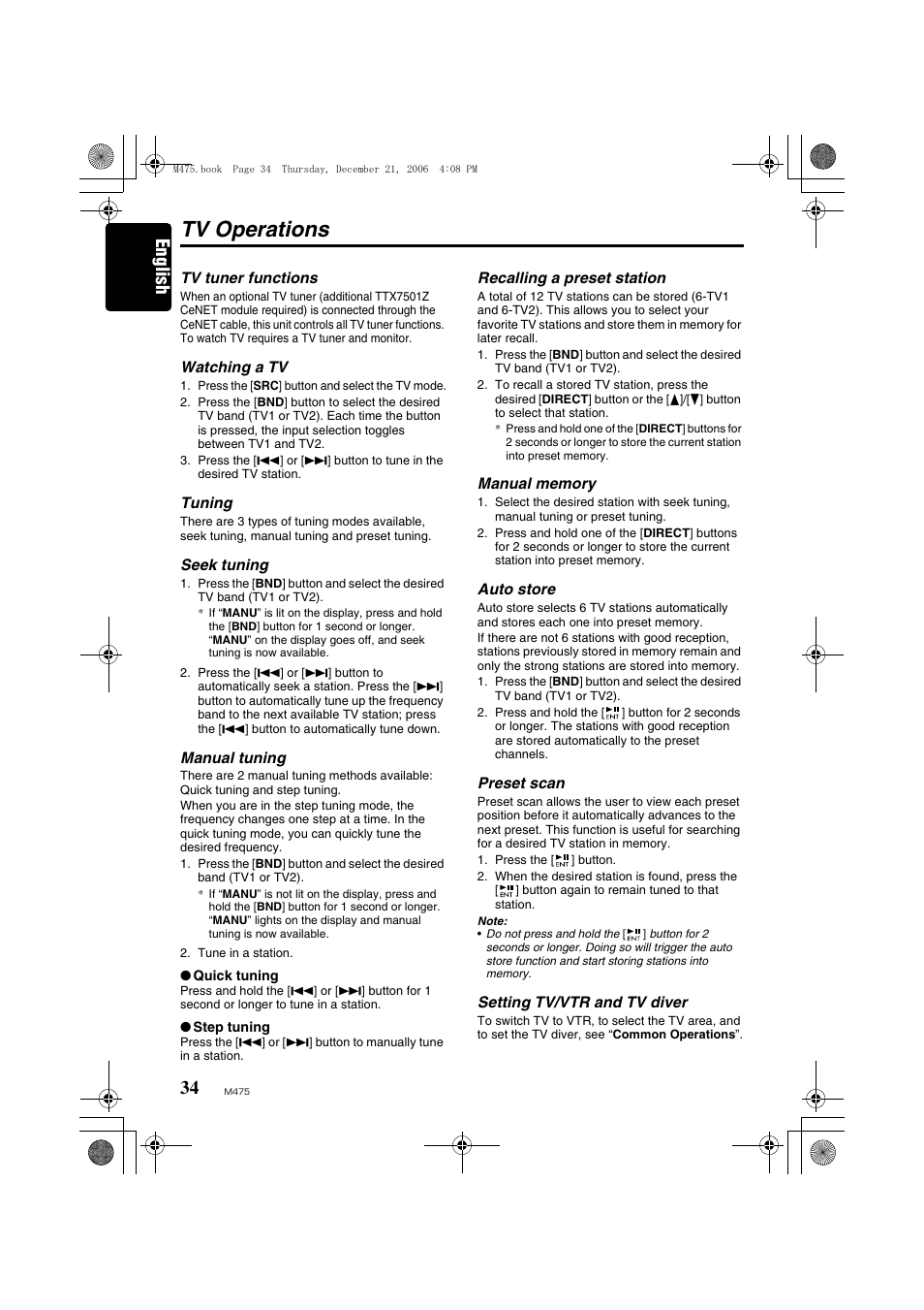Tv operations, English | Clarion Automobile Accessories User Manual | Page 32 / 36