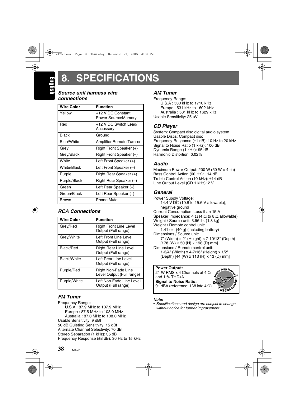 Specifications, English | Clarion Automobile Accessories User Manual | Page 36 / 36