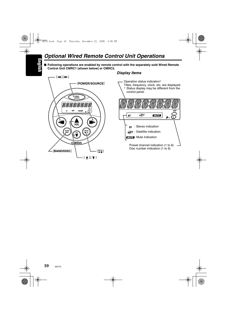 Optional wired remote control unit operations, English | Clarion Automobile Accessories User Manual | Page 8 / 36