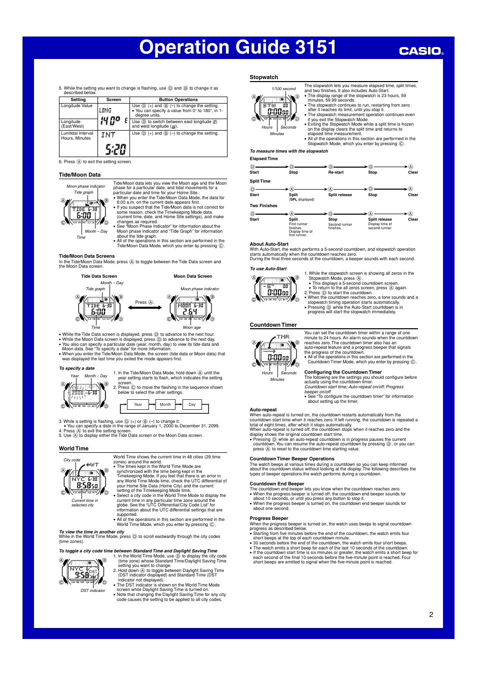 Tide/moon data, World time, Stopwatch | Countdown timer, Operation guide 3151 | G-Shock GLX-5600 User Manual | Page 2 / 5