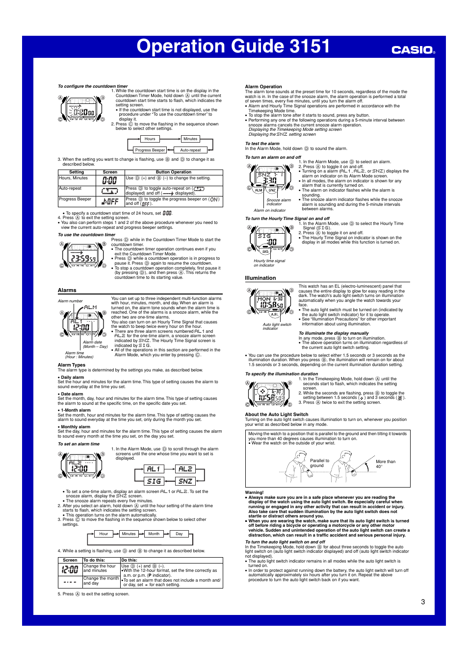 Alarms, Illumination, Operation guide 3151 | G-Shock GLX-5600 User Manual | Page 3 / 5