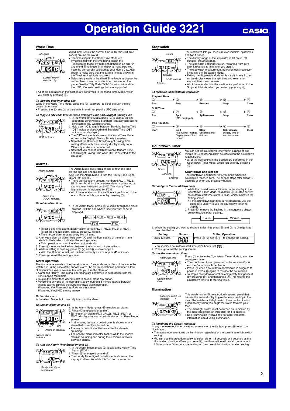 World time, Alarms, Stopwatch | Countdown timer, Illumination, Operation guide 3221 | G-Shock GX-56 User Manual | Page 2 / 4