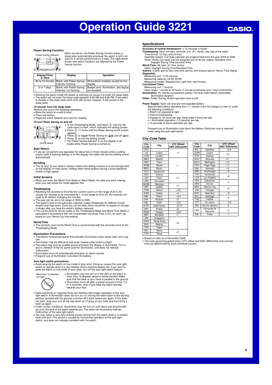 Specifications, City code table, Operation guide 3221 | G-Shock GX-56 User Manual | Page 4 / 4