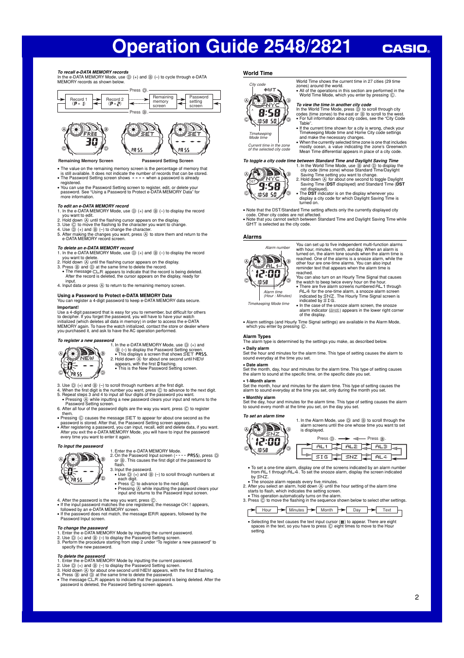 World time, Alarms | G-Shock G-2900 User Manual | Page 2 / 4