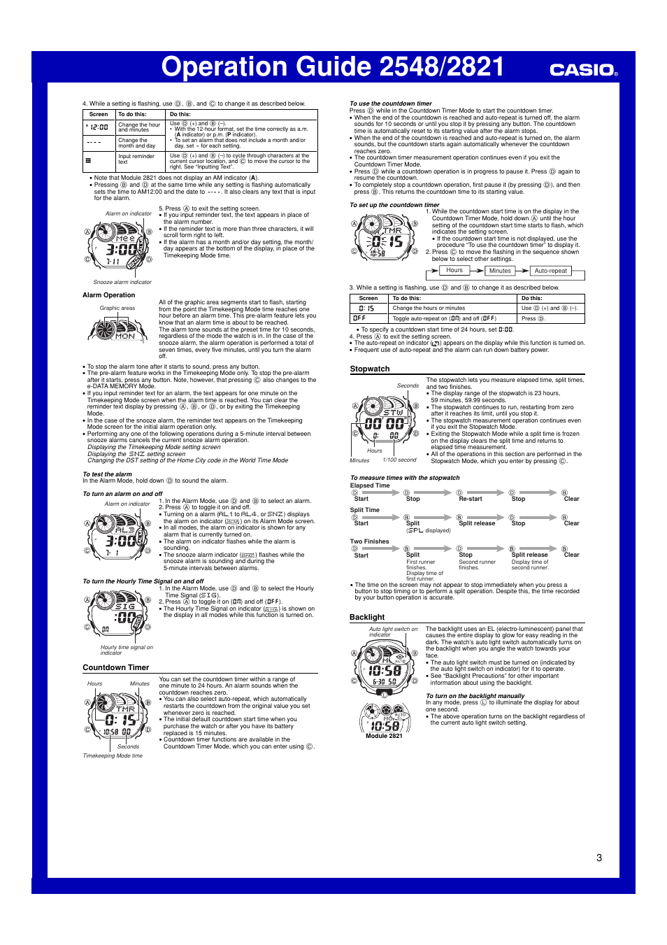 Countdown timer, Stopwatch, Backlight | G-Shock G-2900 User Manual | Page 3 / 4