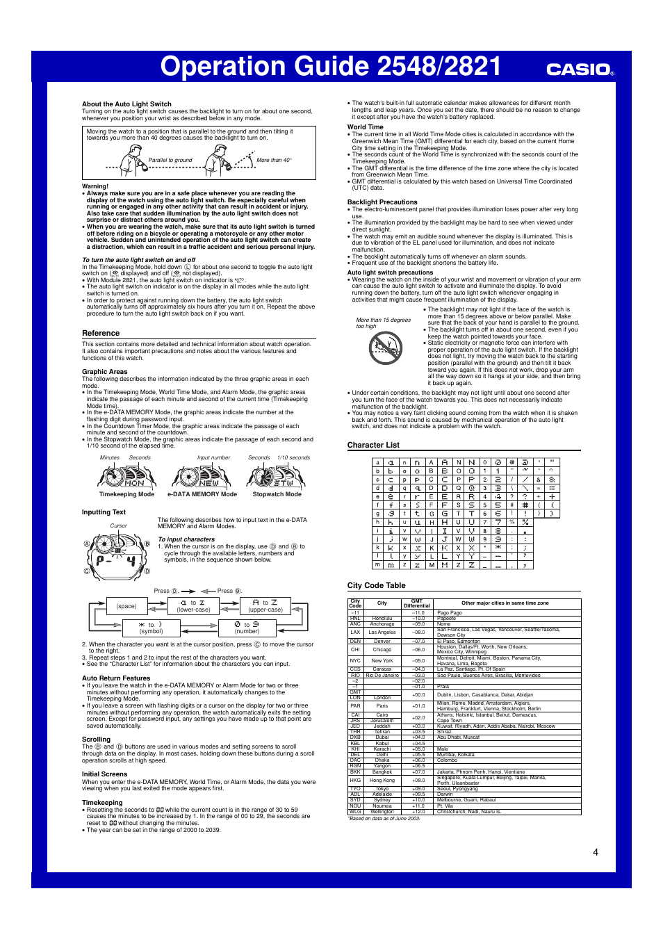 Reference, Character list, City code table | G-Shock G-2900 User Manual | Page 4 / 4