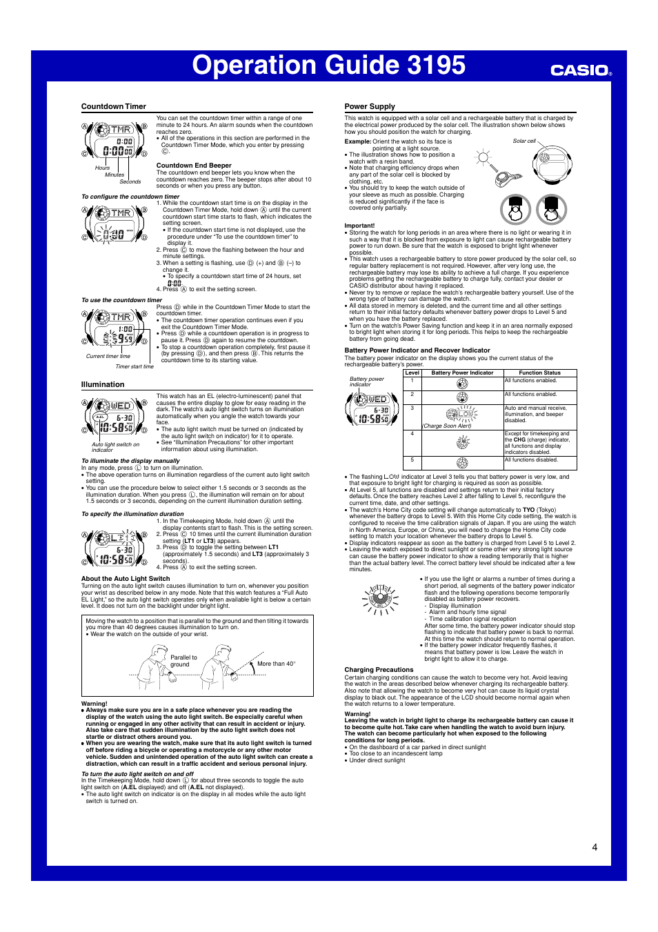 Countdown timer, Illumination, Power supply | Operation guide 3195 | G-Shock GW-2310 User Manual | Page 4 / 6