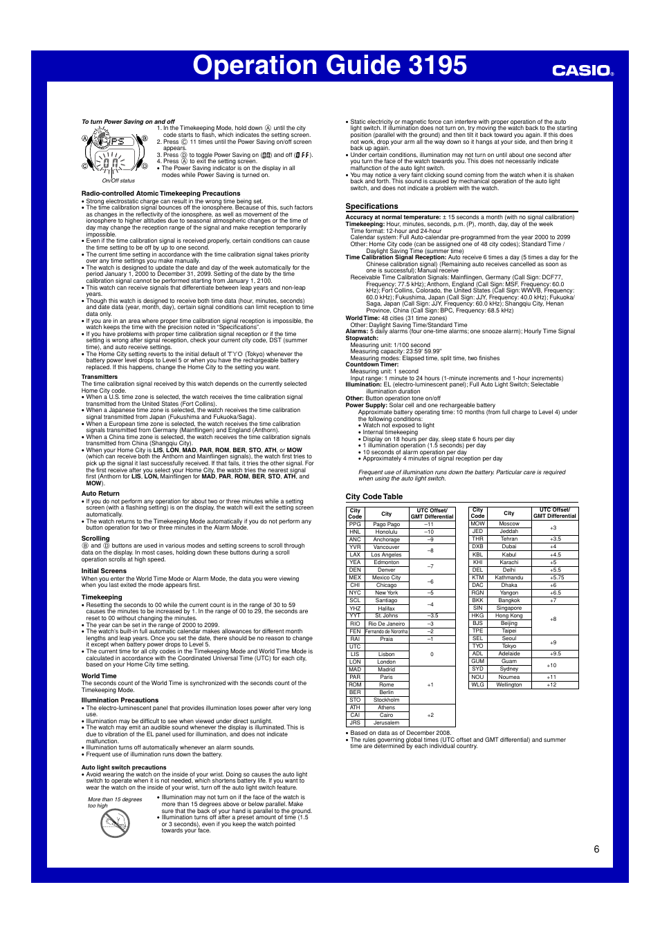 Specifications, City code table, Operation guide 3195 | G-Shock GW-2310 User Manual | Page 6 / 6