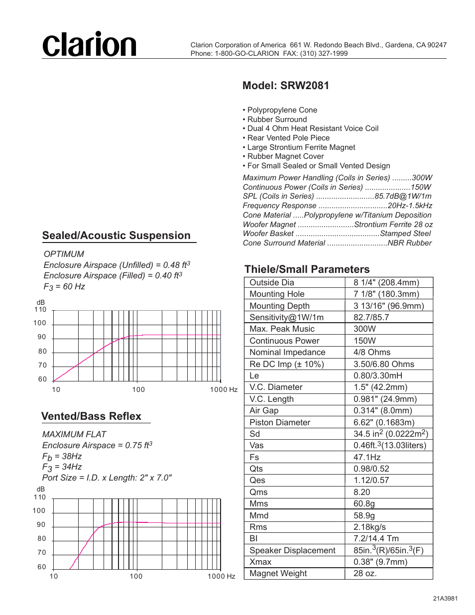 Clarion SRW2081 User Manual | 1 page