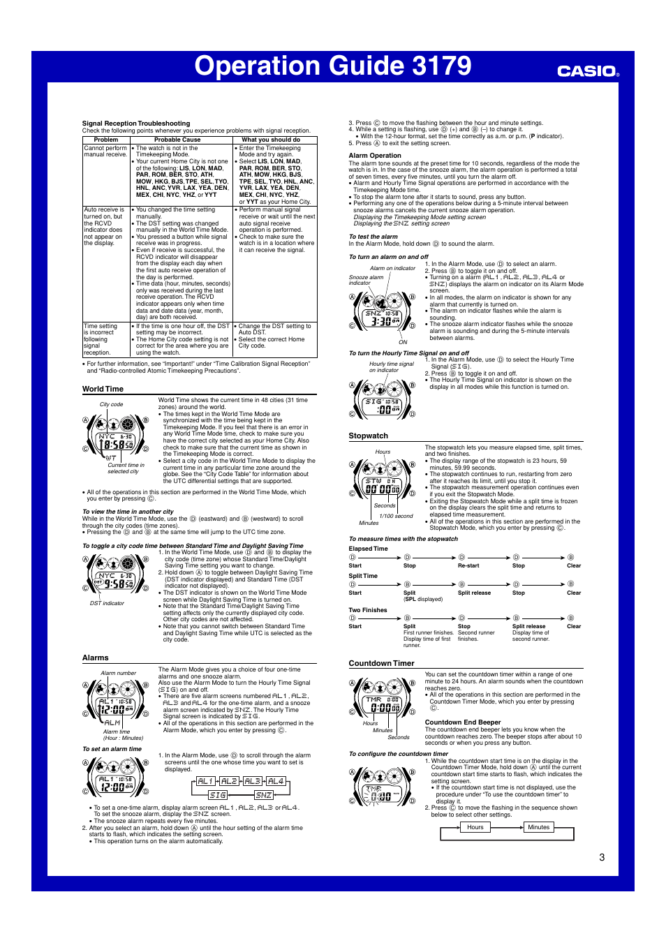 World time, Alarms, Stopwatch | Countdown timer, Operation guide 3179 | G-Shock GW-6900 User Manual | Page 3 / 6