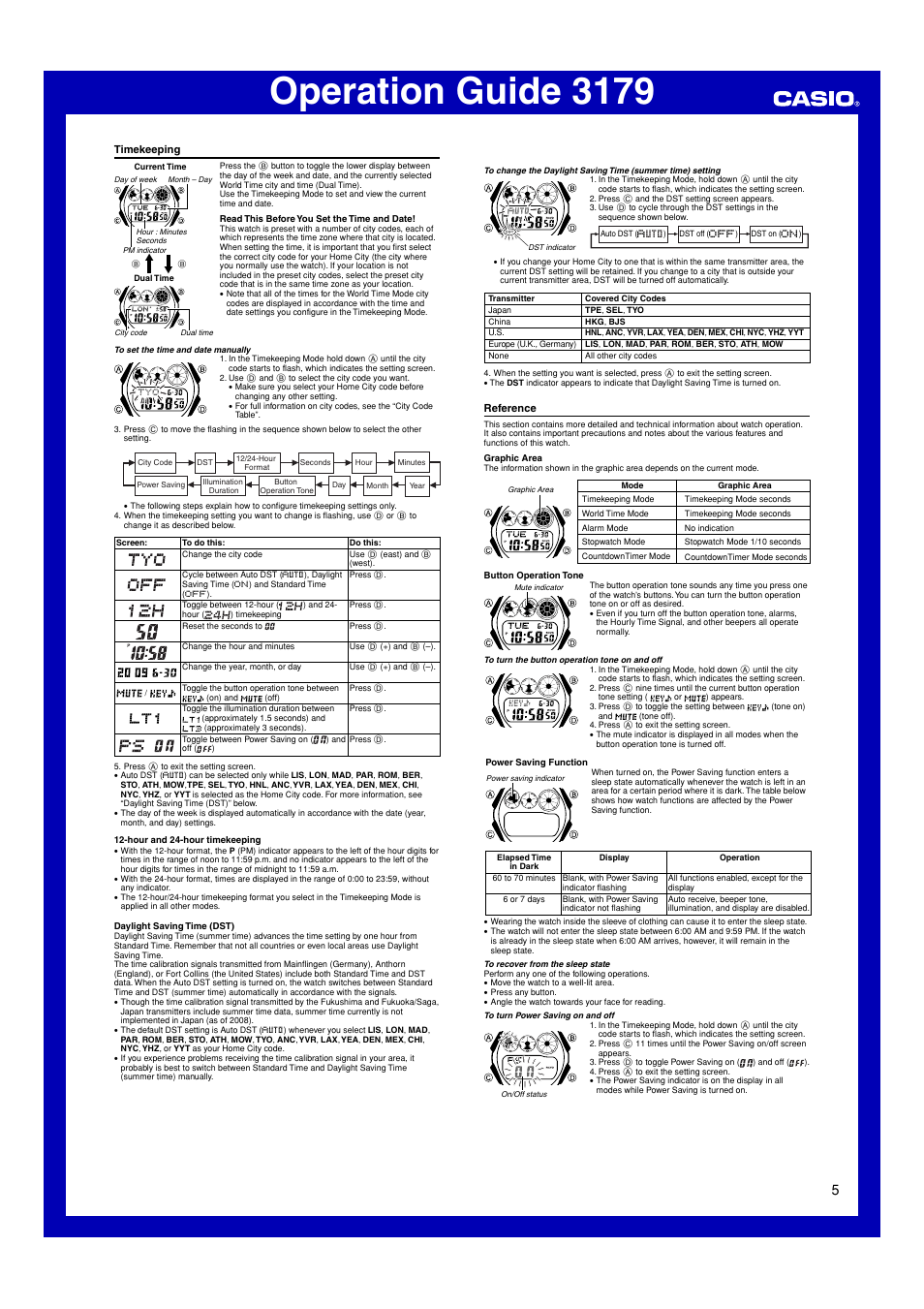 Timekeeping, Reference, Operation guide 3179 | G-Shock GW-6900 User Manual | Page 5 / 6