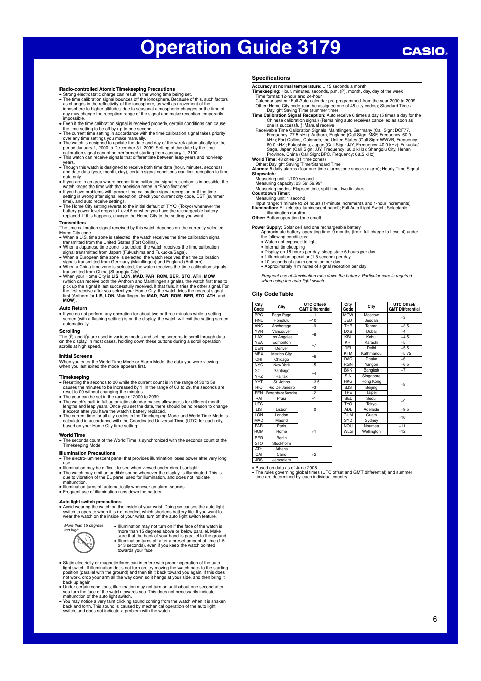 Specifications, City code table, Operation guide 3179 | G-Shock GW-6900 User Manual | Page 6 / 6